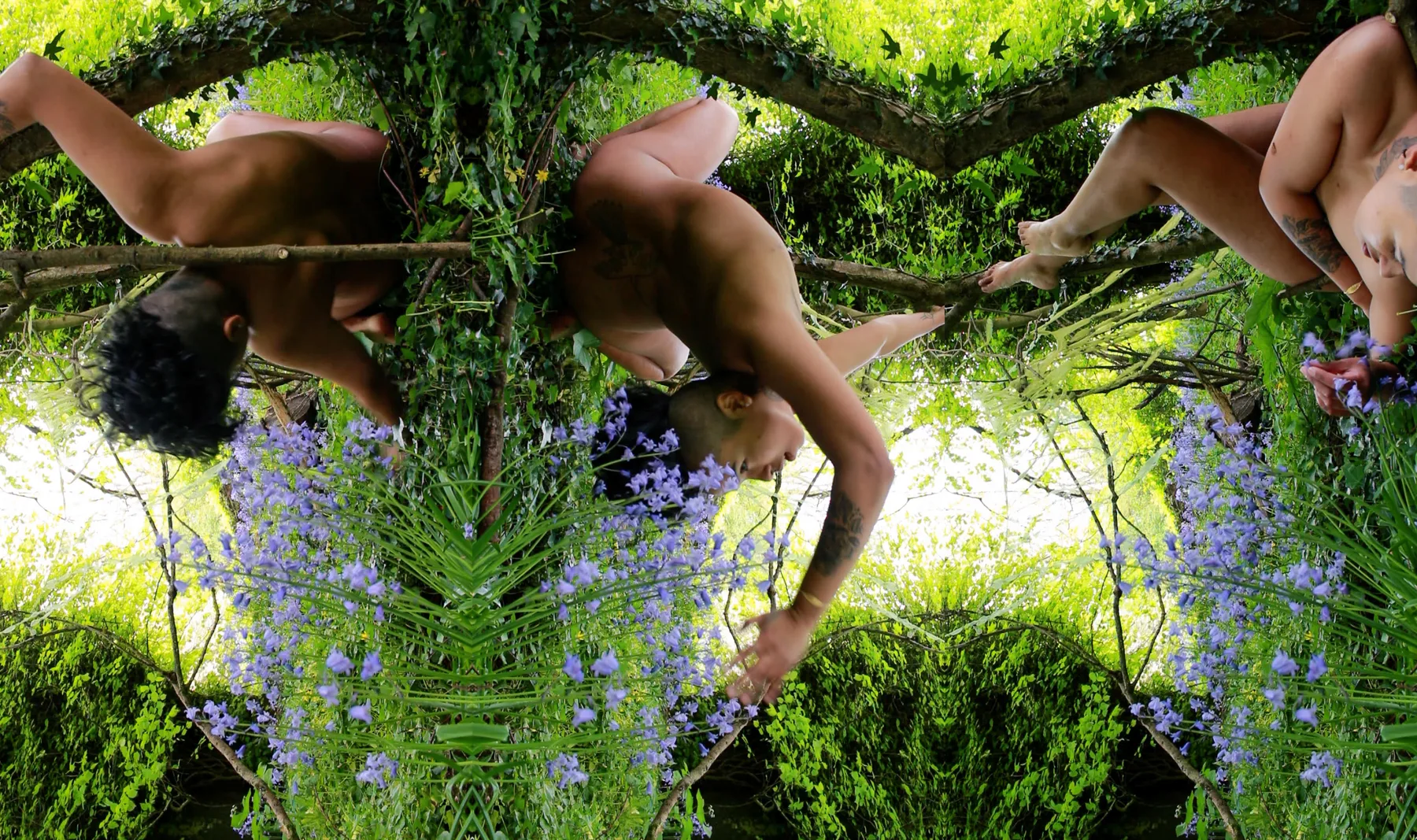 Performance documentation by lwrds duniam with mirrored bodies in a green landscape.