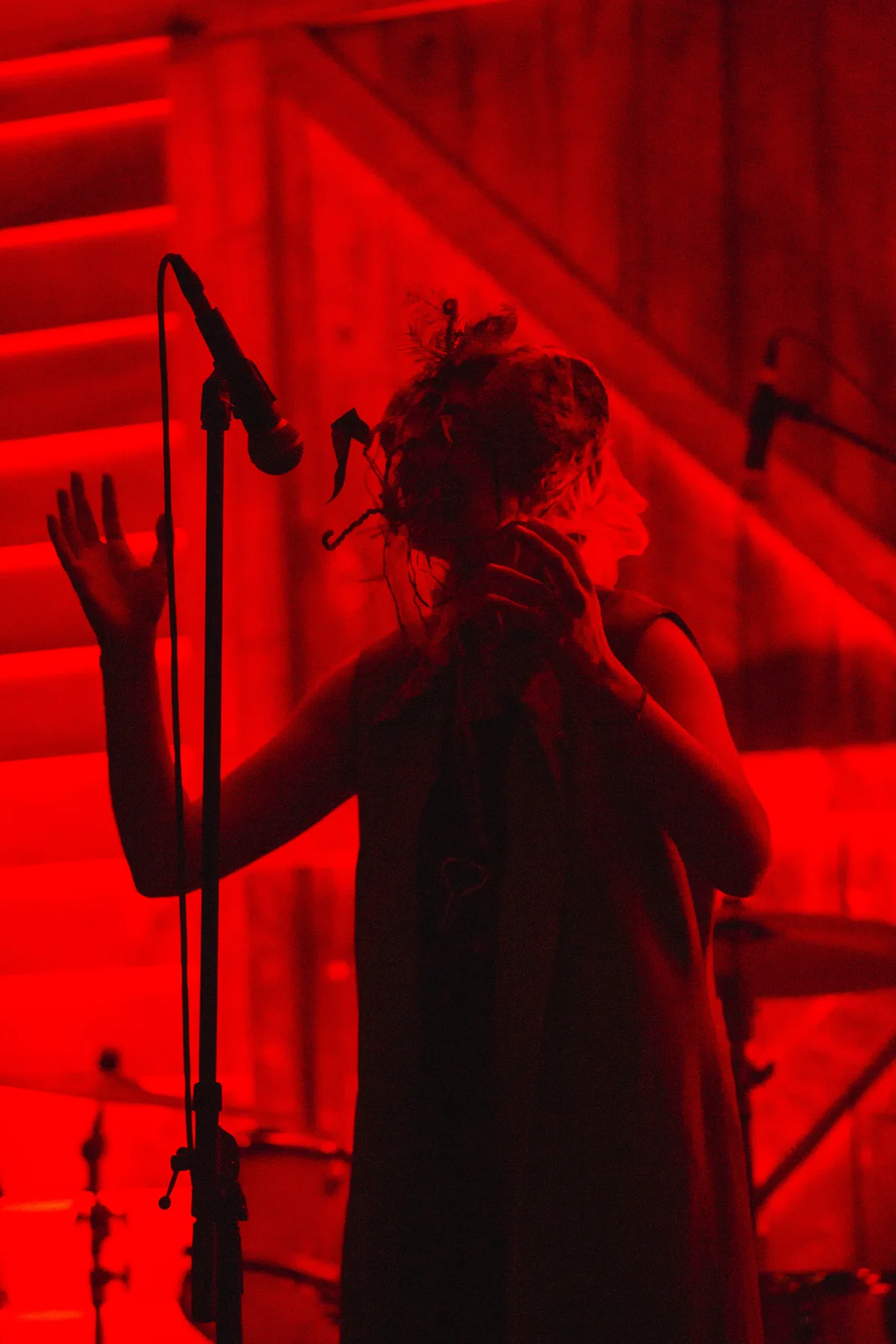 Sof Kreidstein performing in red light with a microphone.